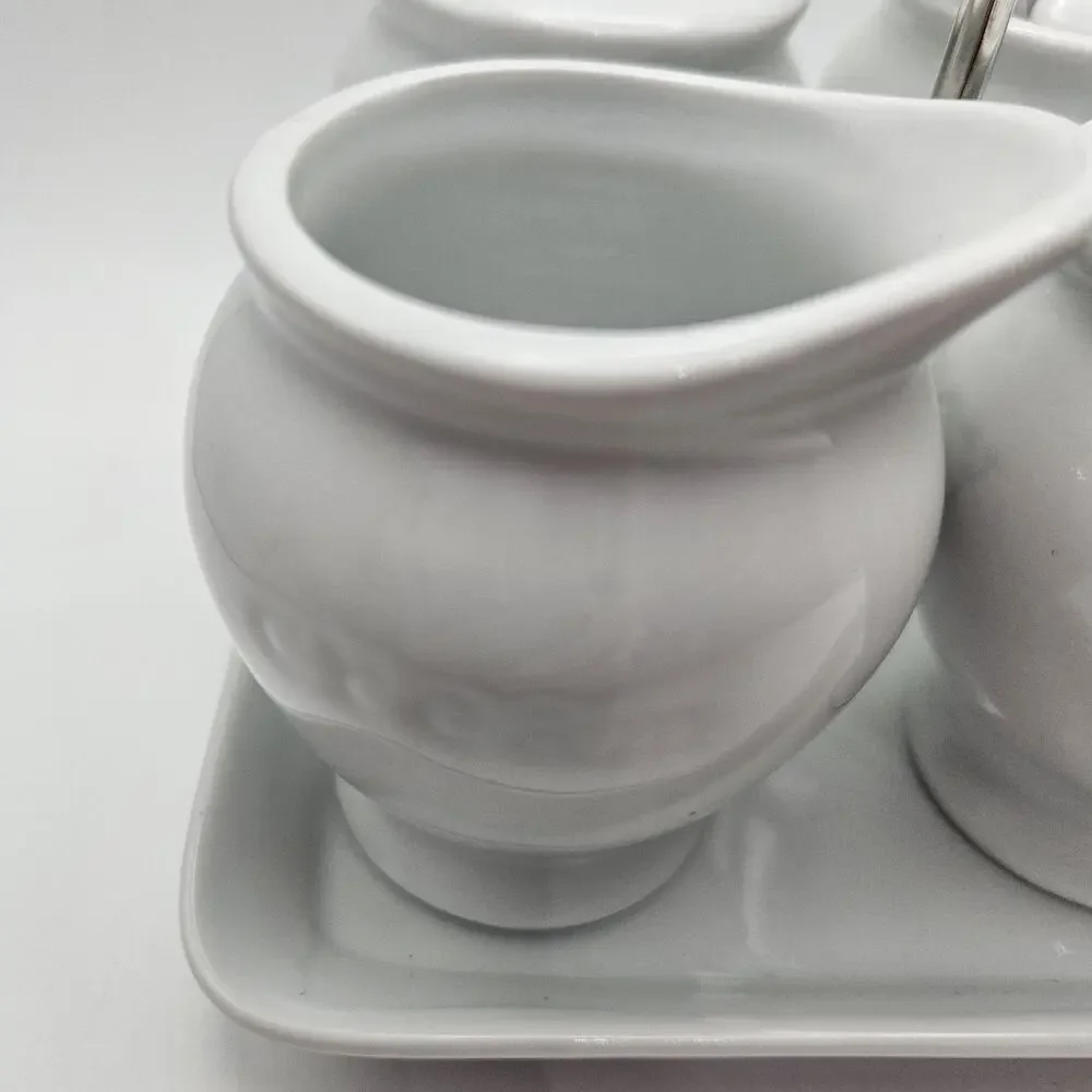Pottery Barn Great White 5-Piece Condiment Set with Chrome Handle Caddy Read